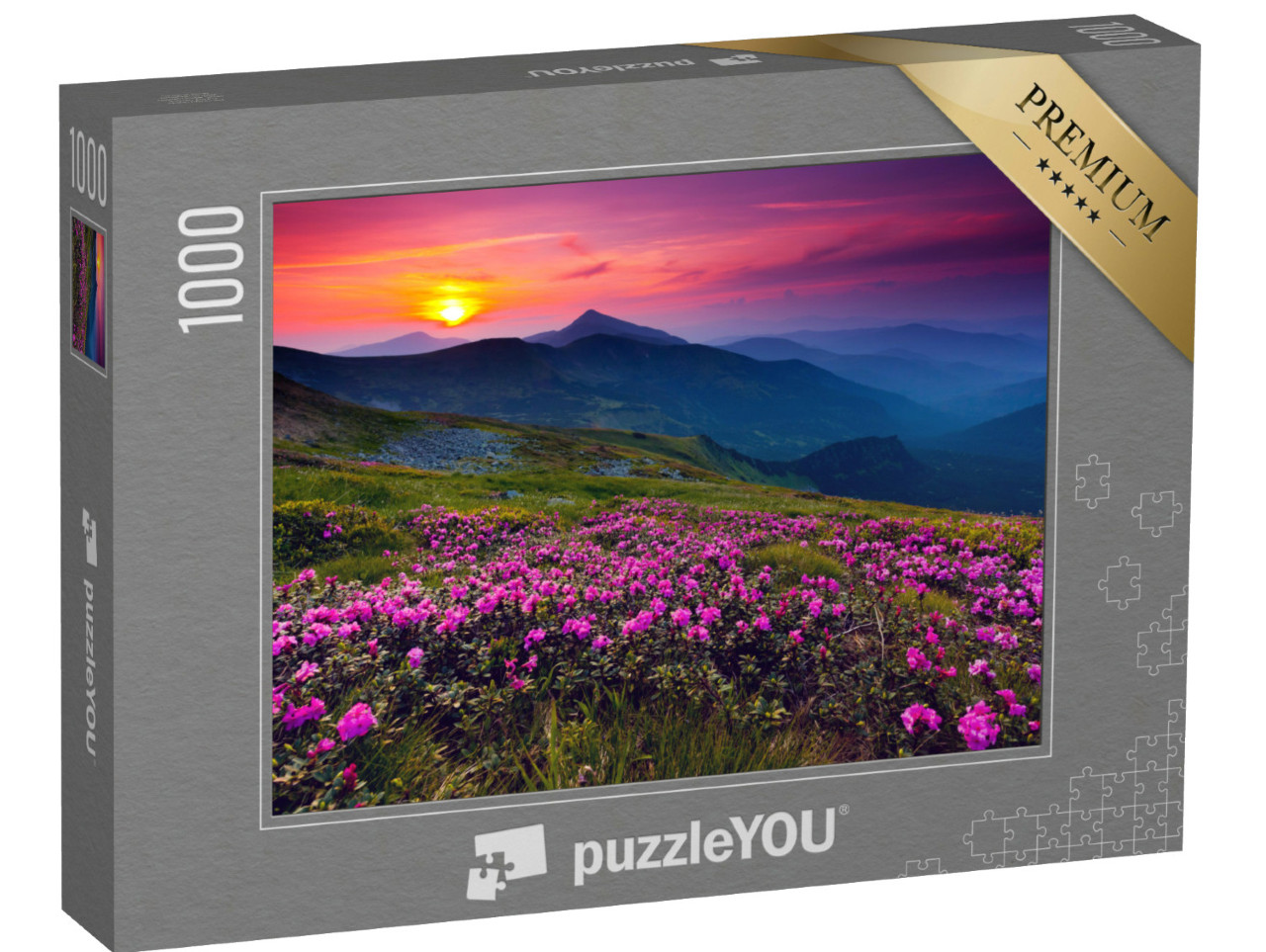 Puzzle 1000 Teile „Rosa Rhododendronblüten über den Bergen“