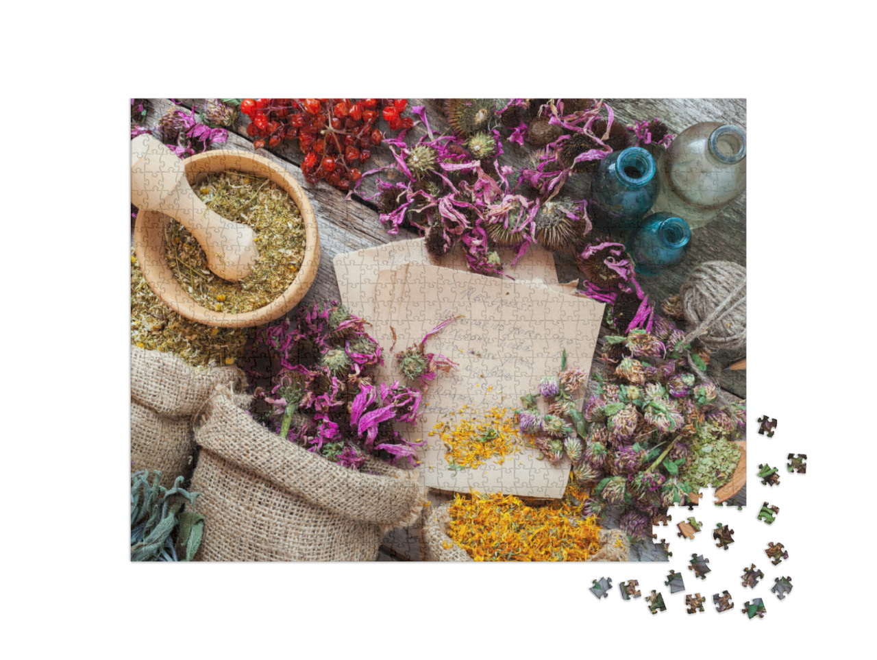 Puzzle 1000 Teile „Rezepte der Kräutermedizin und getrocknete Blüten“