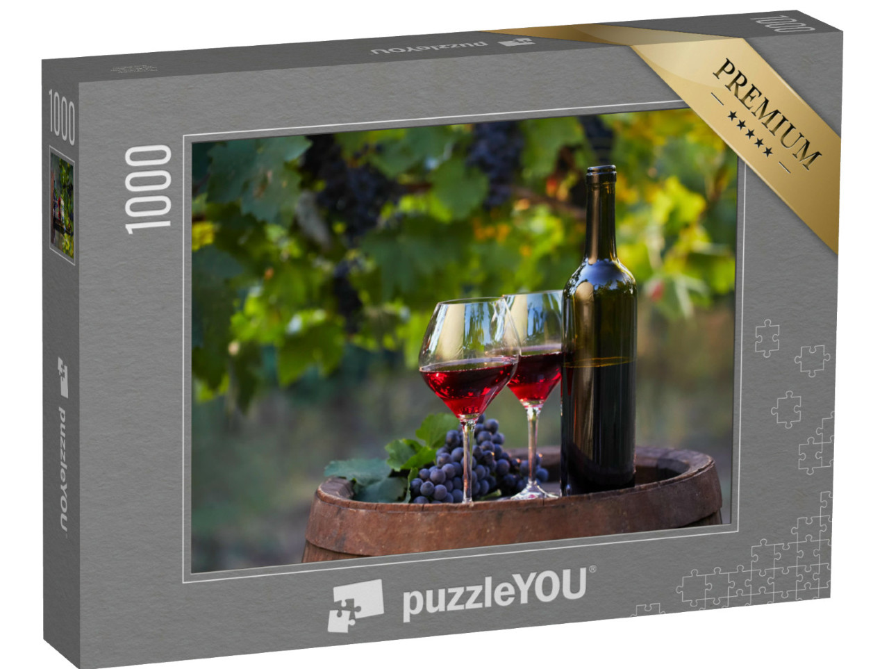 Puzzle 1000 Teile „Zwei Gläser Rotwein und Flasche im Weinberg “