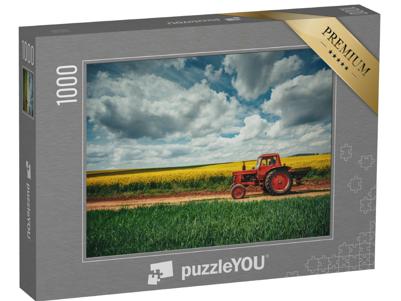 Puzzle 1000 Teile „Traktor vor einem Meer von Raps“
