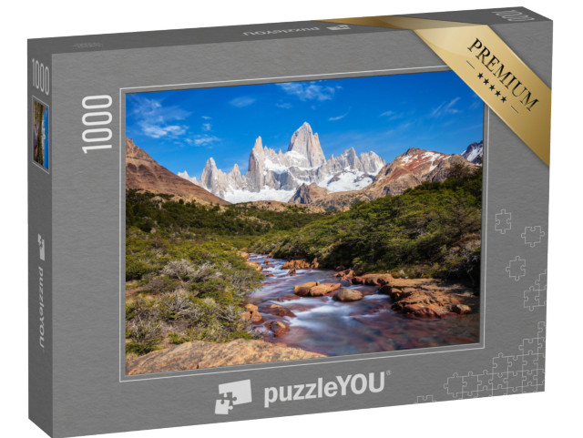 Puzzle 1000 Teile „Aussicht auf den Berg Fitz Roy und den Gletscherfluss, Patagonien, Argentinien“