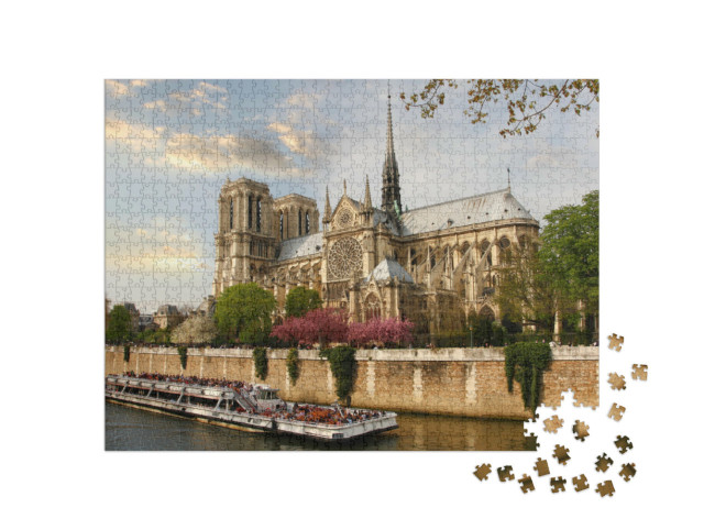 Puzzle 1000 Teile „Paris, Notre Dame mit Boot auf der Seine, Frankreich“