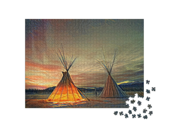 Puzzle 1000 Teile „im Stil von Edvard Munch, Der Schrei - Tipies unter dem Nordlicht in Yukon, Kanada“
