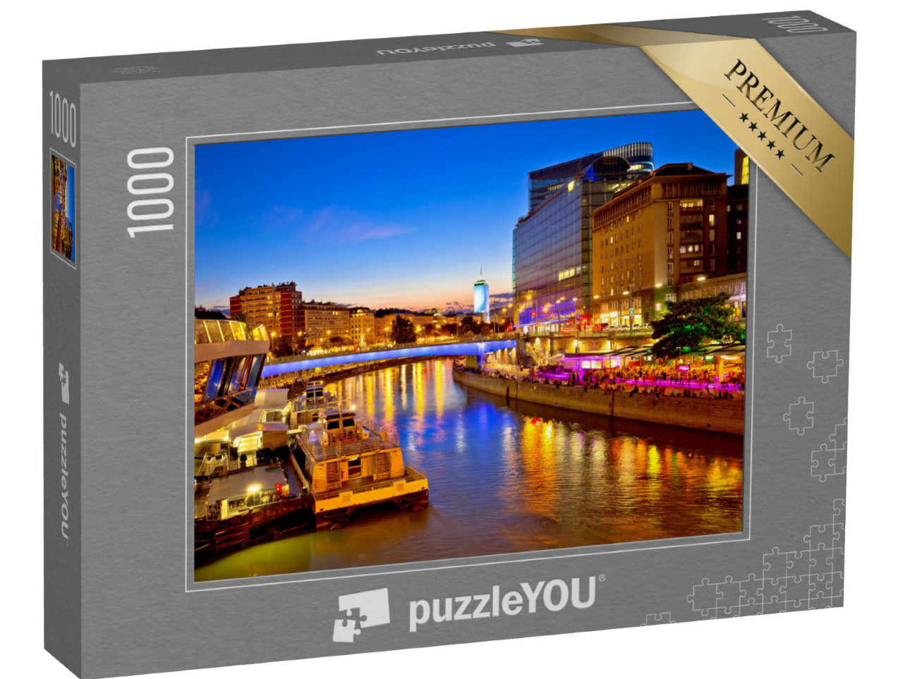 Puzzle 1000 Teile „Wien Stadt moderne Flussufer-Abendansicht, Hauptstadt von Österreich“