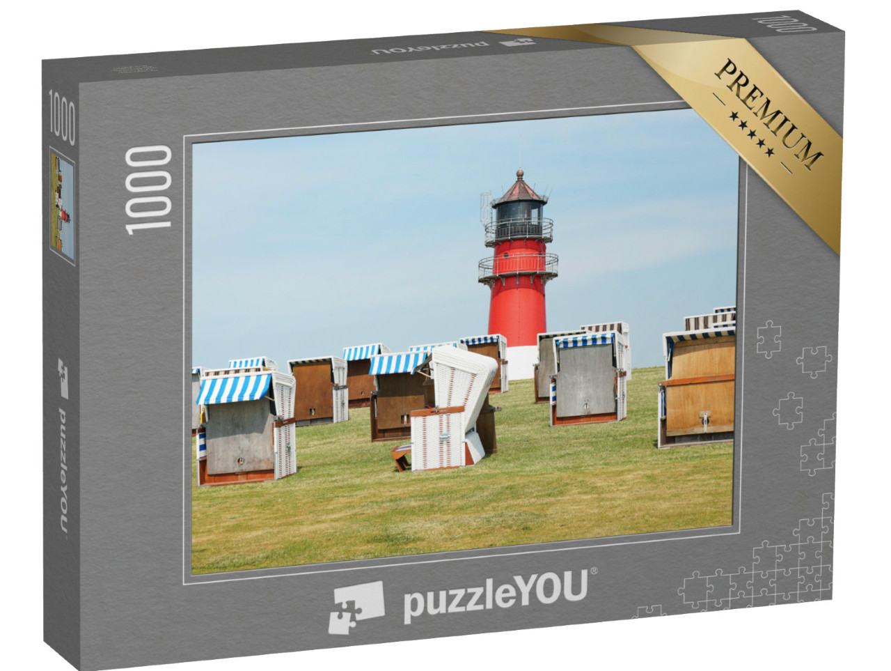 Puzzle 1000 Teile „Strandkörbe und Leuchtturm in Büsum, Deutschland“