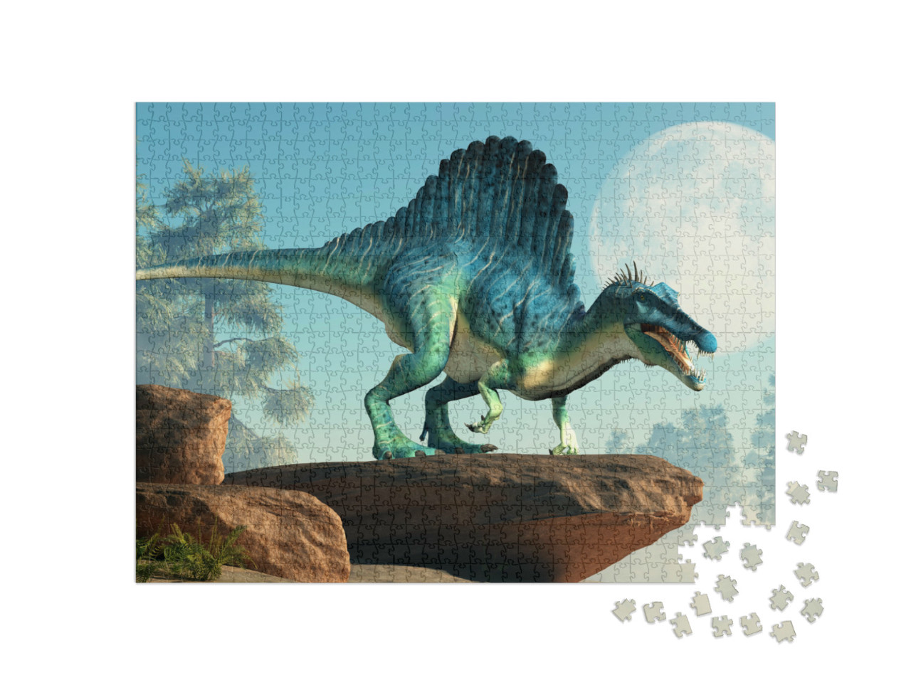 Puzzle 1000 Teile „3D-Illustration: ein Spinosaurus auf einer Klippe bei Mondschein“