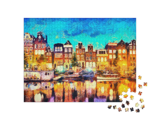 Puzzle 1000 Teile „Amsterdam: Grachtenhäuser, Ölgemälde“