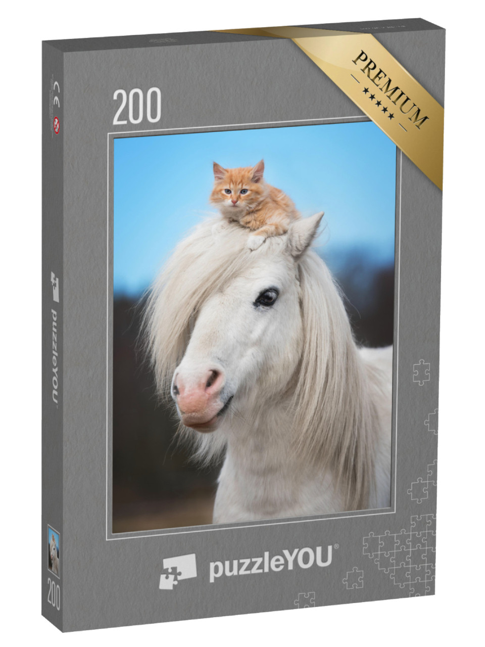 Puzzle 200 Teile „Kleines rotes Kätzchen auf dem Kopf eines weißen Shetlandponys“
