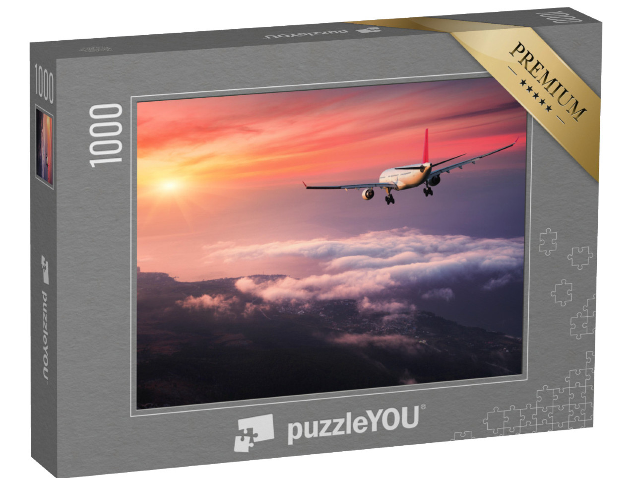 Puzzle 1000 Teile „Flugzeug im roten Abendhimmel über den Wolken“