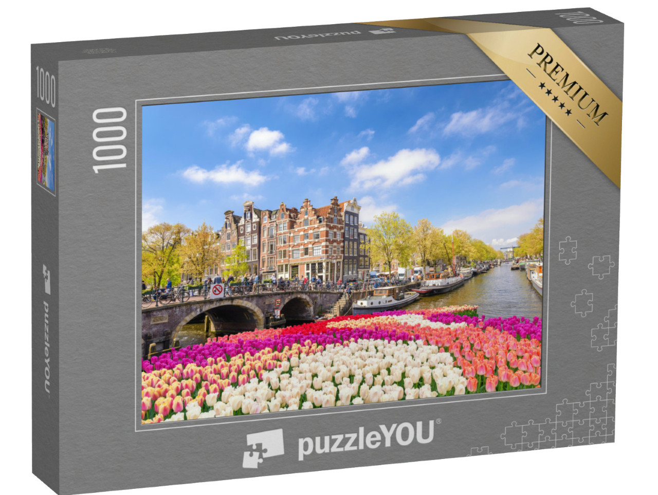 Puzzle 1000 Teile „Amsterdam: Kanalufer mit Tulpenblüte im Frühling“