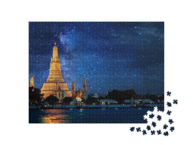 Puzzle 1000 Teile „Wat Arun: Tempel in Bangkok mit Milchstraße bei Nacht, Thailand“