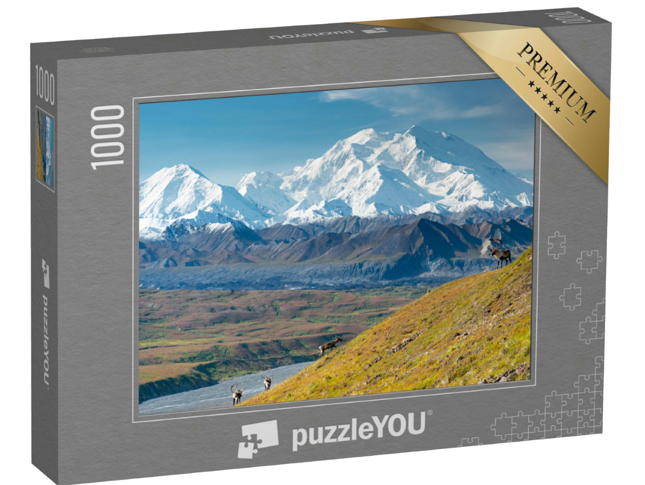 Puzzle 1000 Teile „Karibu-Hirsch vor dem Mount Denali, Alaska“