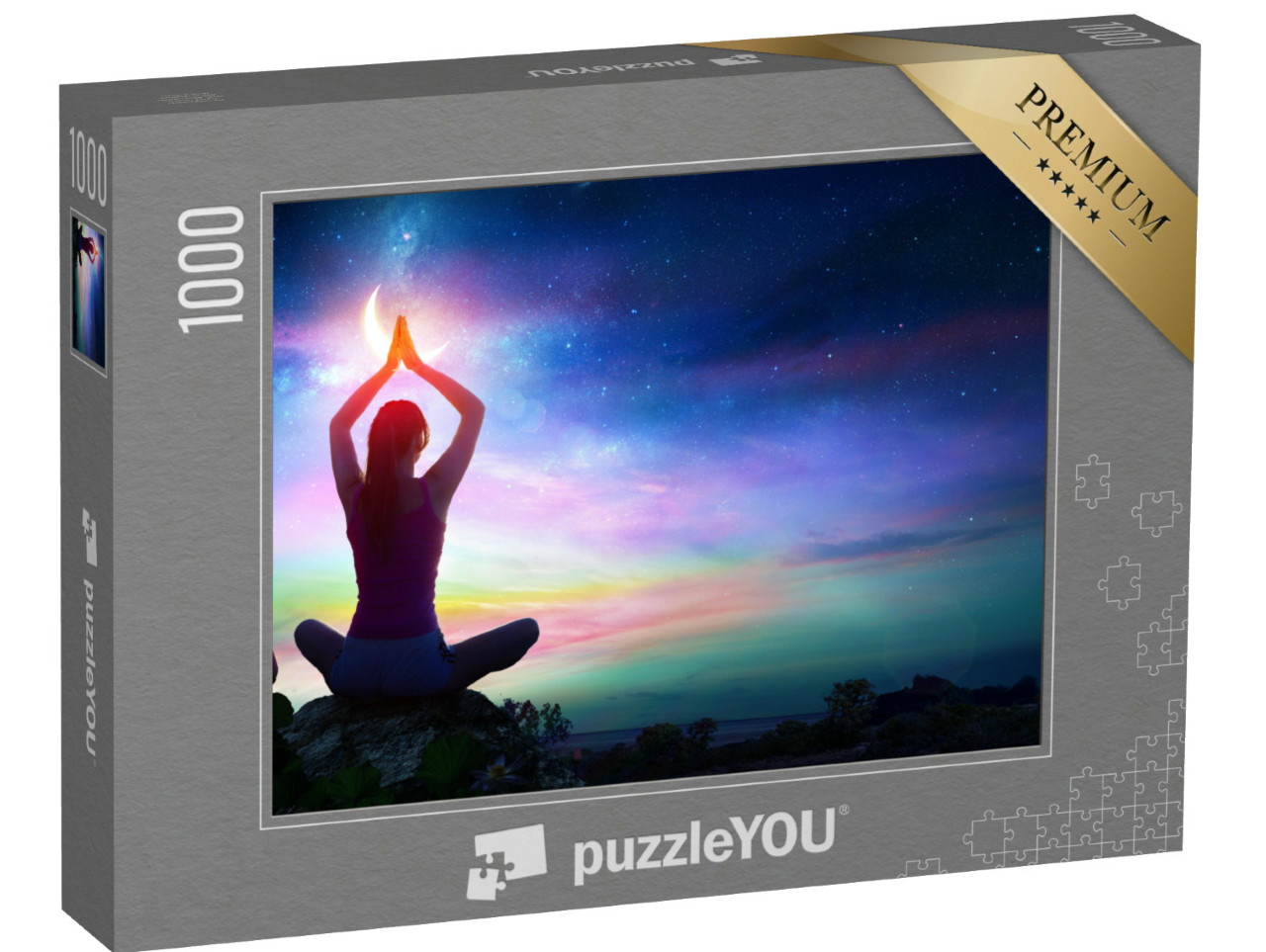Puzzle 1000 Teile „Frau beim Yoga mit Lotusblumen und Chakra-Farbverlauf“