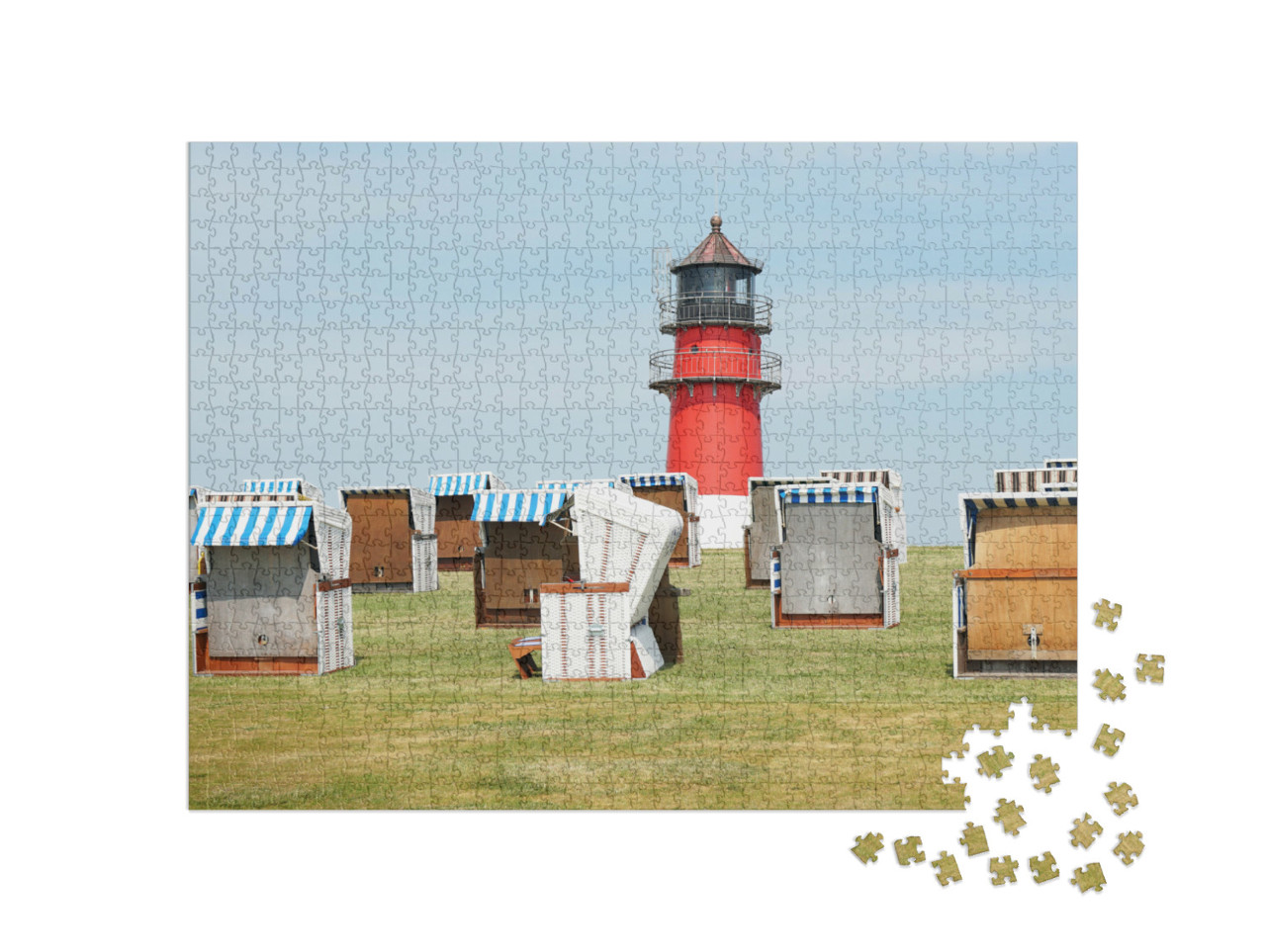 Puzzle 1000 Teile „Strandkörbe und Leuchtturm in Büsum, Deutschland“