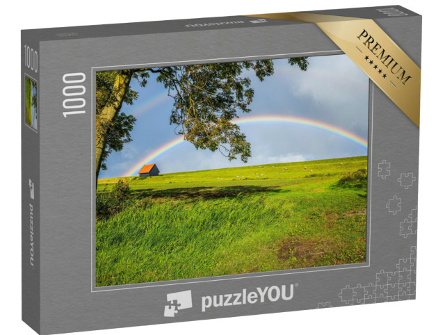 Puzzle 1000 Teile „Regenbogen über einer hügeligen Weide“