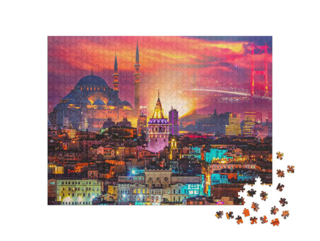 Puzzle 1000 Teile „Wunderschön beleuchtete Skyline von Istanbul, Türkei“