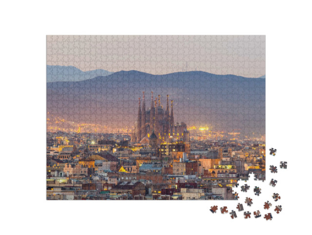 Puzzle 1000 Teile „Barcelona und Sagrada Familia in der Abenddämmerung, Spanien“