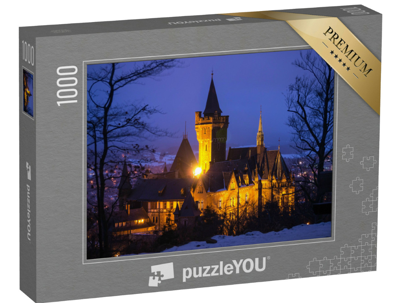 Puzzle 1000 Teile „Schloss Wernigerode bei Einbruch der Dunkelheit, Harz, Deutschland“