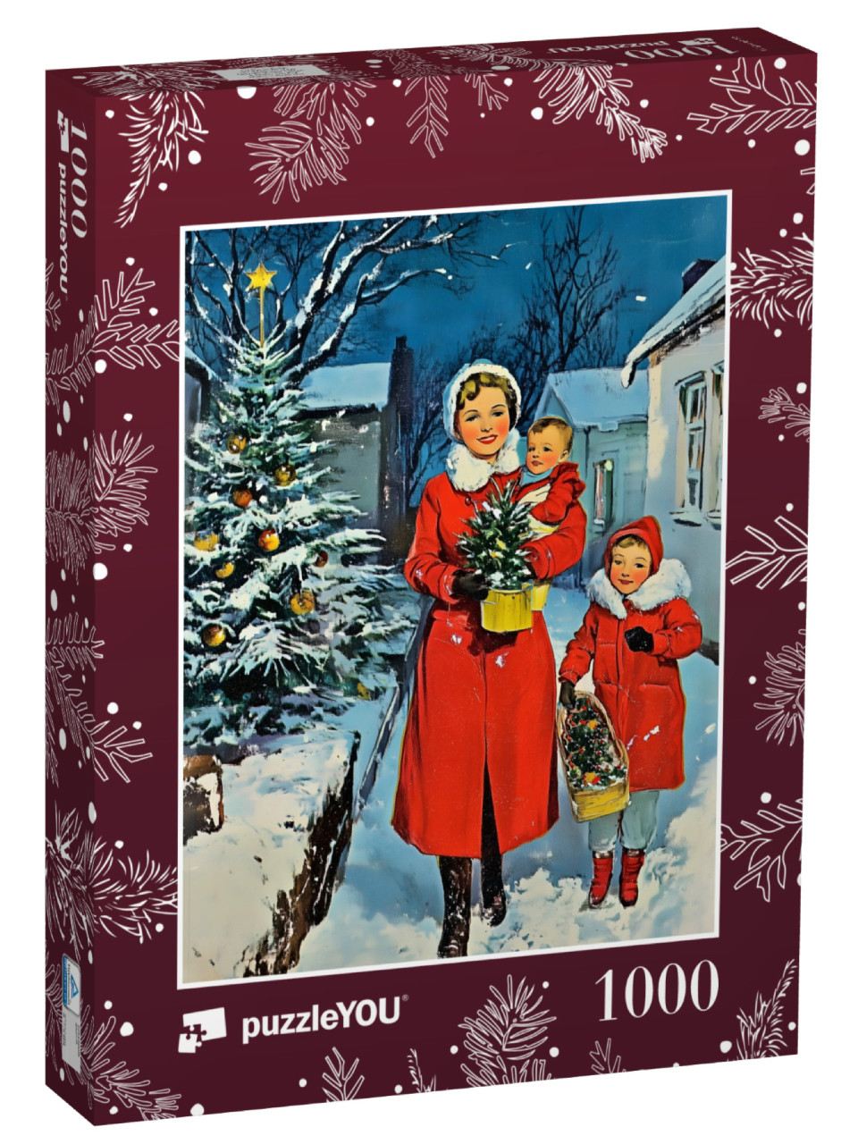 Puzzle 1000 Teile „Retro-Stil: Mutter mit Kindern in roten Mänteln in der Weihnachtsnacht“