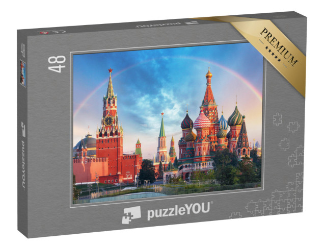 Puzzle 48 Teile „Panoramablick auf den Roten Platz mit Moskauer Kreml und Regenbogen“