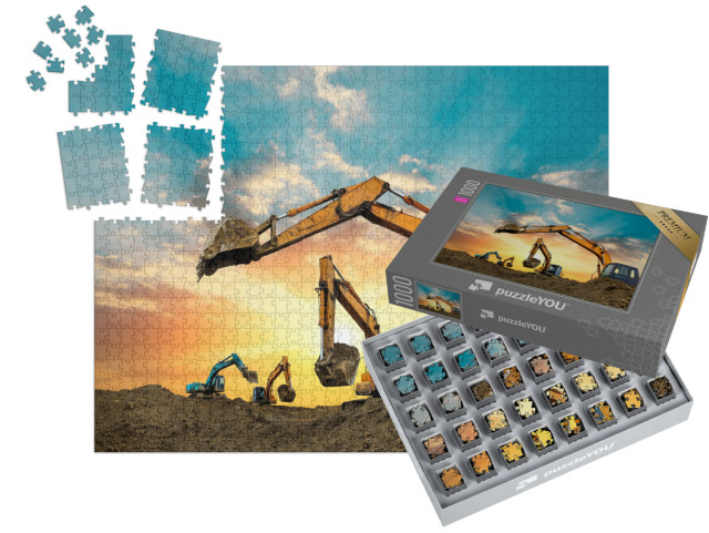 Puzzle „Bagger arbeiten bei Sonnenuntergang auf der Baustelle“ | SMART SORTED® 1000 Teile