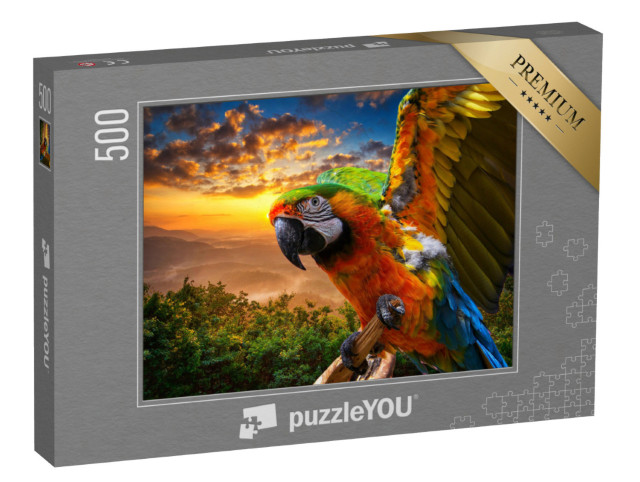 Puzzle 500 Teile „Prächtige Farben der Natur: Ara im Sonnenuntergang“