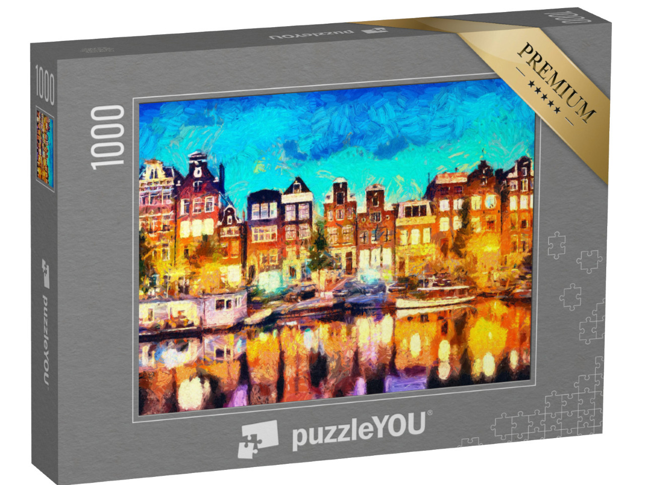 Puzzle 1000 Teile „Amsterdam: Grachtenhäuser, Ölgemälde“