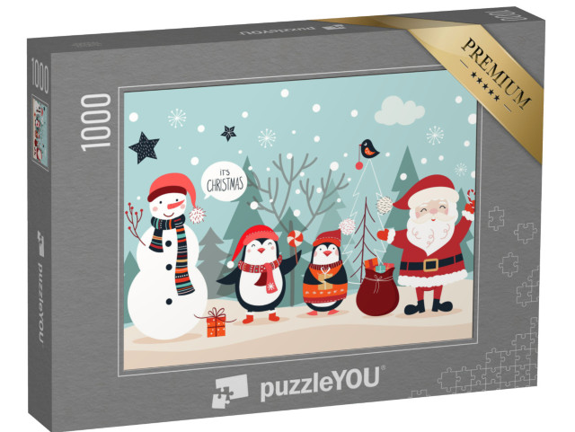 Puzzle 1000 Teile „Weihnachtskarte mit lustigen Figuren vor winterlichem Hintergrund“