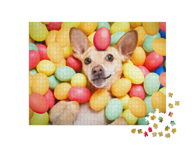 Puzzle 1000 Teile „Ein Hund versteckt sich zwischen bunten Ostereiern“