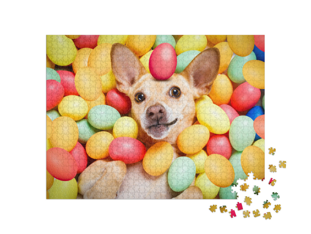 Puzzle 1000 Teile „Ein Hund versteckt sich zwischen bunten Ostereiern“
