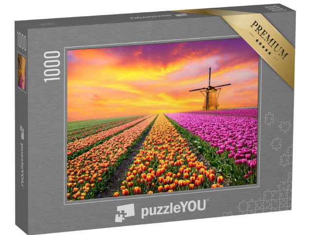 Puzzle 1000 Teile „Landschaft mit Sonnenaufgang über Tulpenfeld in den Niederlanden“