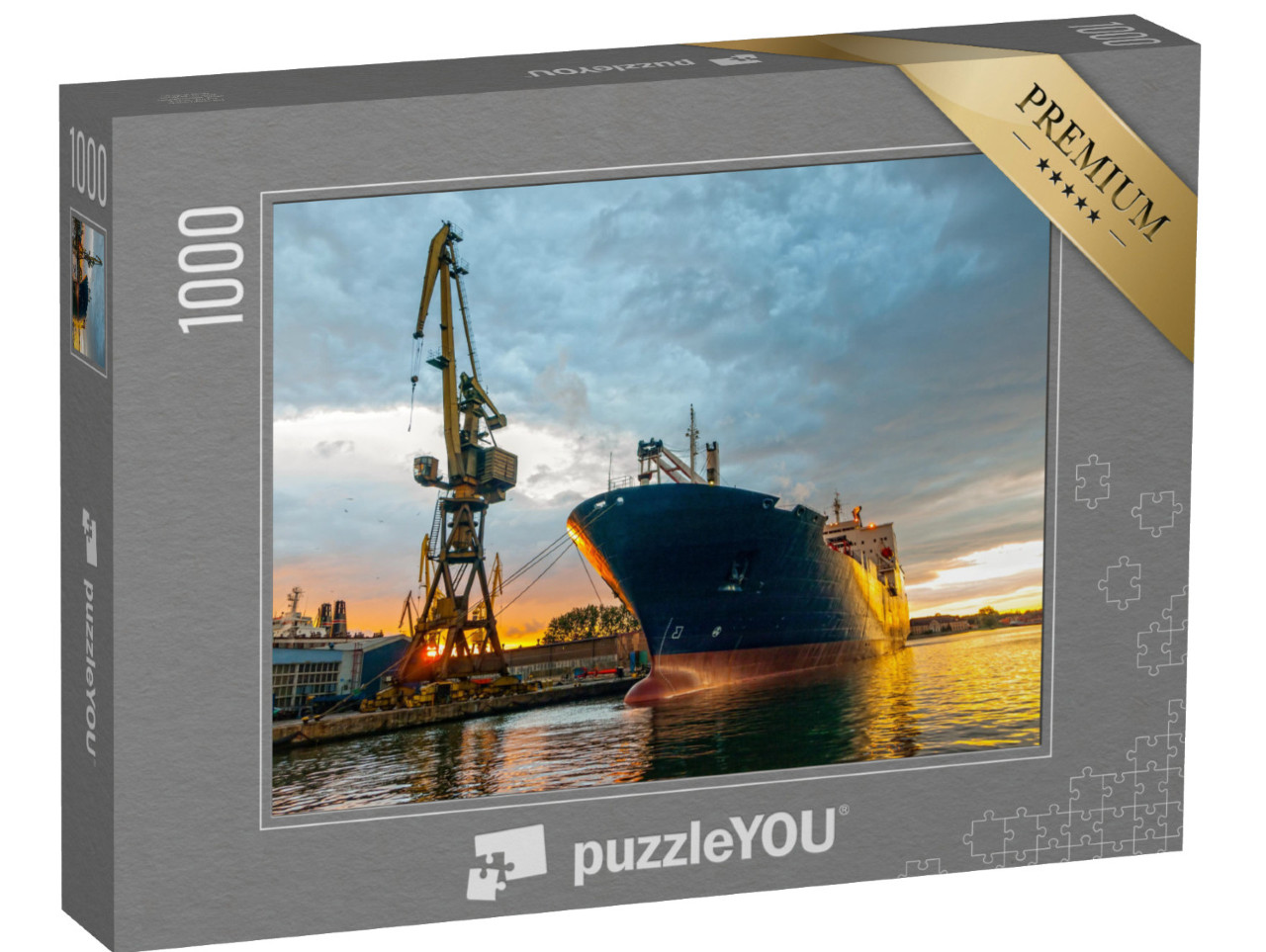Puzzle 1000 Teile „Frachtschiff im Hafen bei Sonnenuntergang, Danzig, Polen.“
