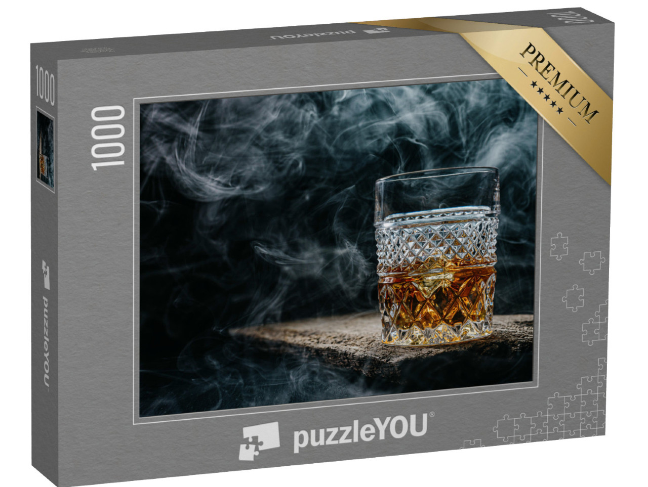 Puzzle 1000 Teile „Ein Glas Whiskey mit Eis auf einem Holztisch “