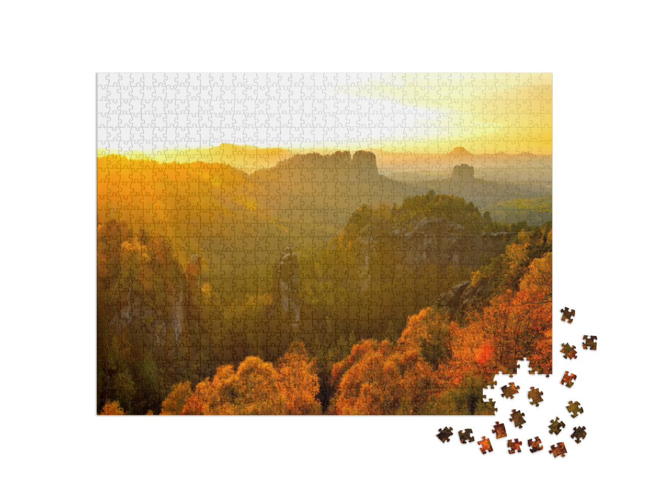 Puzzle 1000 Teile „Sächsische Schweiz: Blick vom Carolafelsen bei Sonnenuntergang“