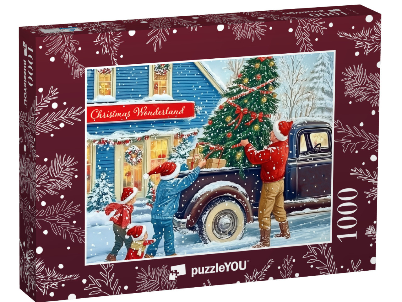 Puzzle 1000 Teile „Retro-Xmas-Design: Weihnachtsbaum am Pickup Truck“