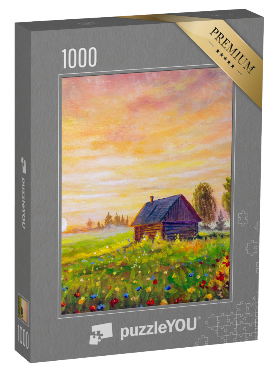 Puzzle 1000 Teile „Ölgemälde: Hütte auf einer abendlichen Sommerwiese“