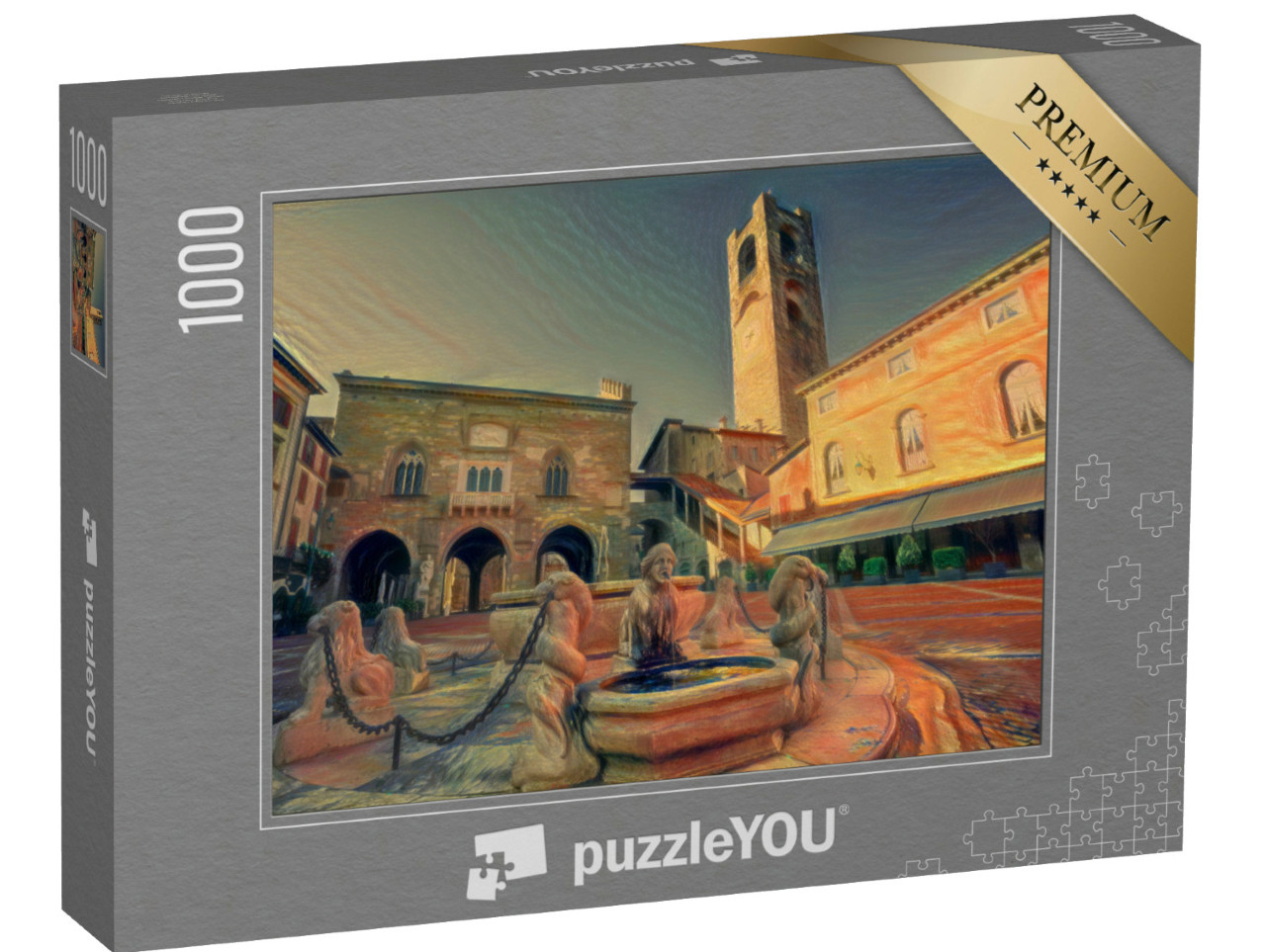 Puzzle 1000 Teile „im Stil von Edvard Munch, Der Schrei - Piazza Vecchia in der Altstadt von Bergamo“