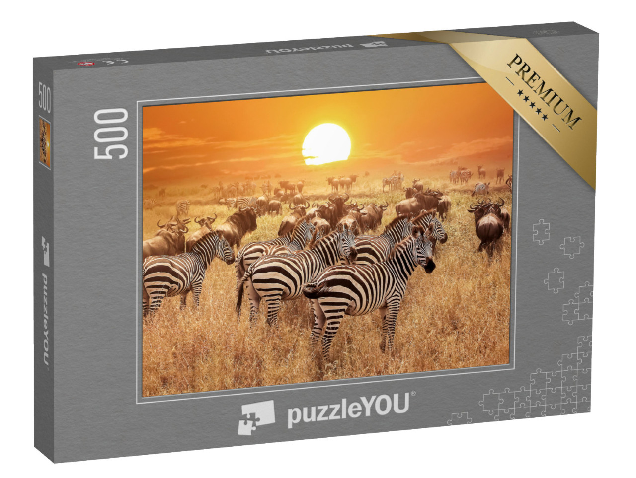 Puzzle 500 Teile „Zebra bei Sonnenuntergang im Serengeti-Nationalpark, Afrika, Tansania“