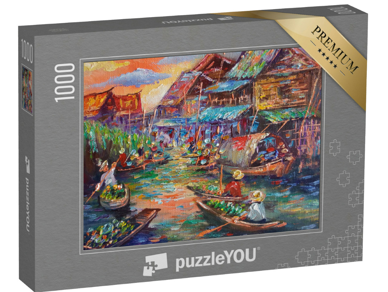 Puzzle 1000 Teile „Ölgemälde: Schwimmender Markt in Thailand“