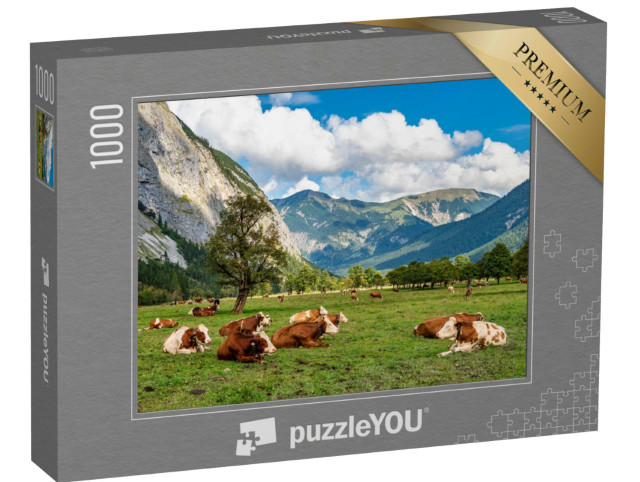Puzzle 1000 Teile „Kuhweide und Ahornbäume am Ahornboden, Karwendelgebirge, Tirol“