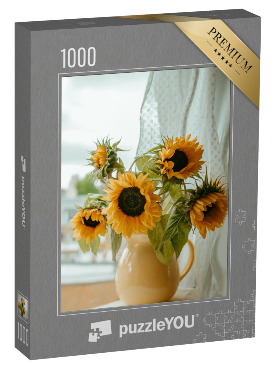 Puzzle 1000 Teile „Sonnenblumen in der Vase auf der Fensterbank“
