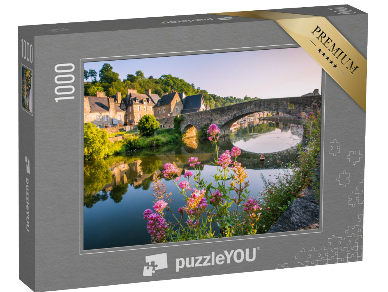 Puzzle 1000 Teile „Mittelalterliche Brücke und Steinhäuser am Fluss Rance, Bretagne, Frankreich“