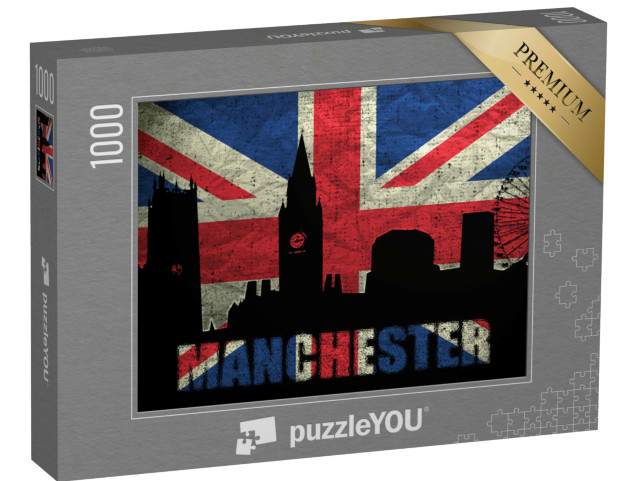 Puzzle 1000 Teile „Skyline von Manchester auf britischer Grunge-Flagge“