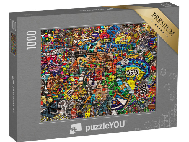 Puzzle 1000 Teile „Graffiti. Sport-Collage auf einer großen Backsteinmauer“