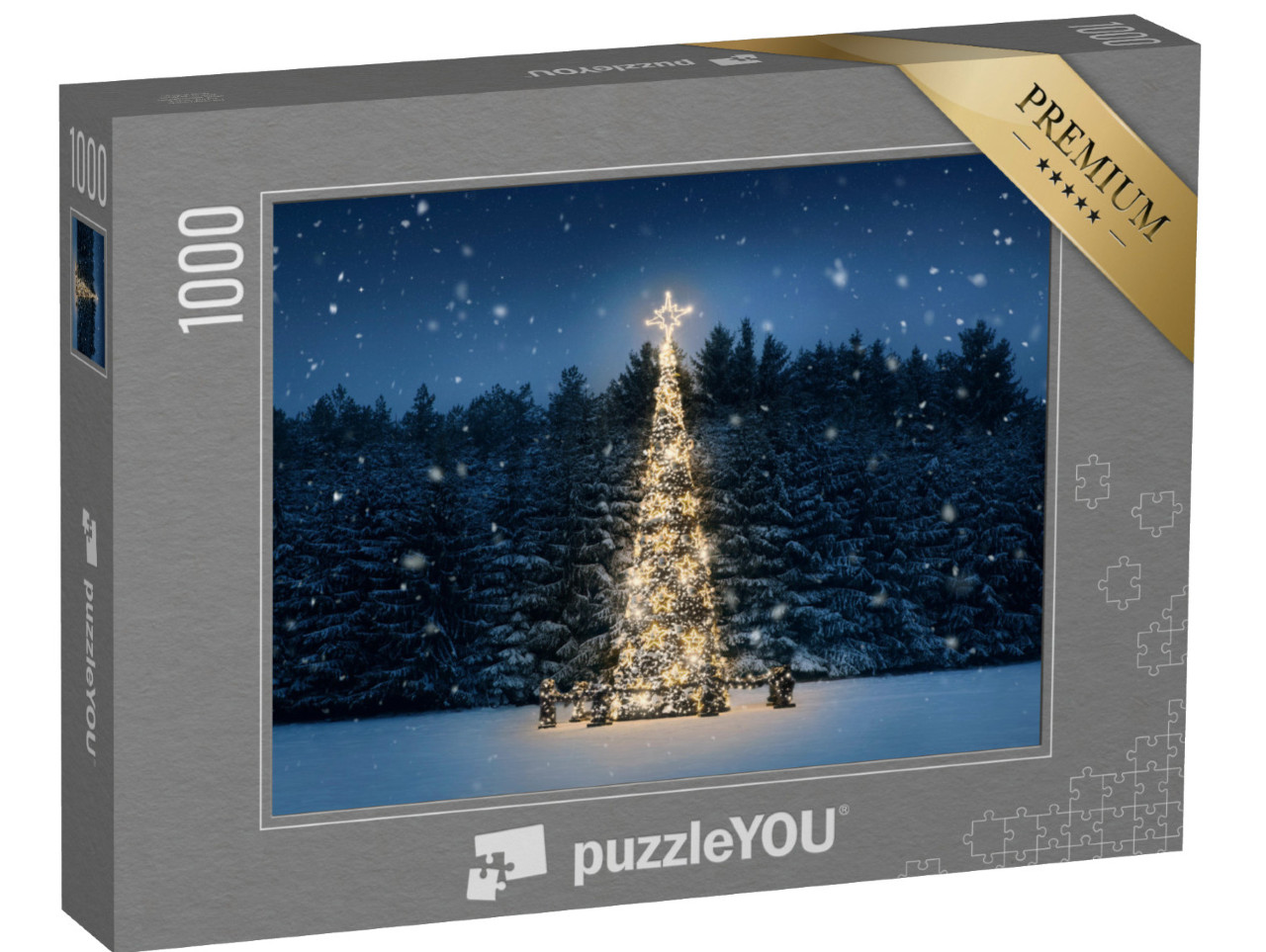 Puzzle 1000 Teile „Beleuchteter Weihnachtsbaum bei Nacht mit fallendem Schnee“