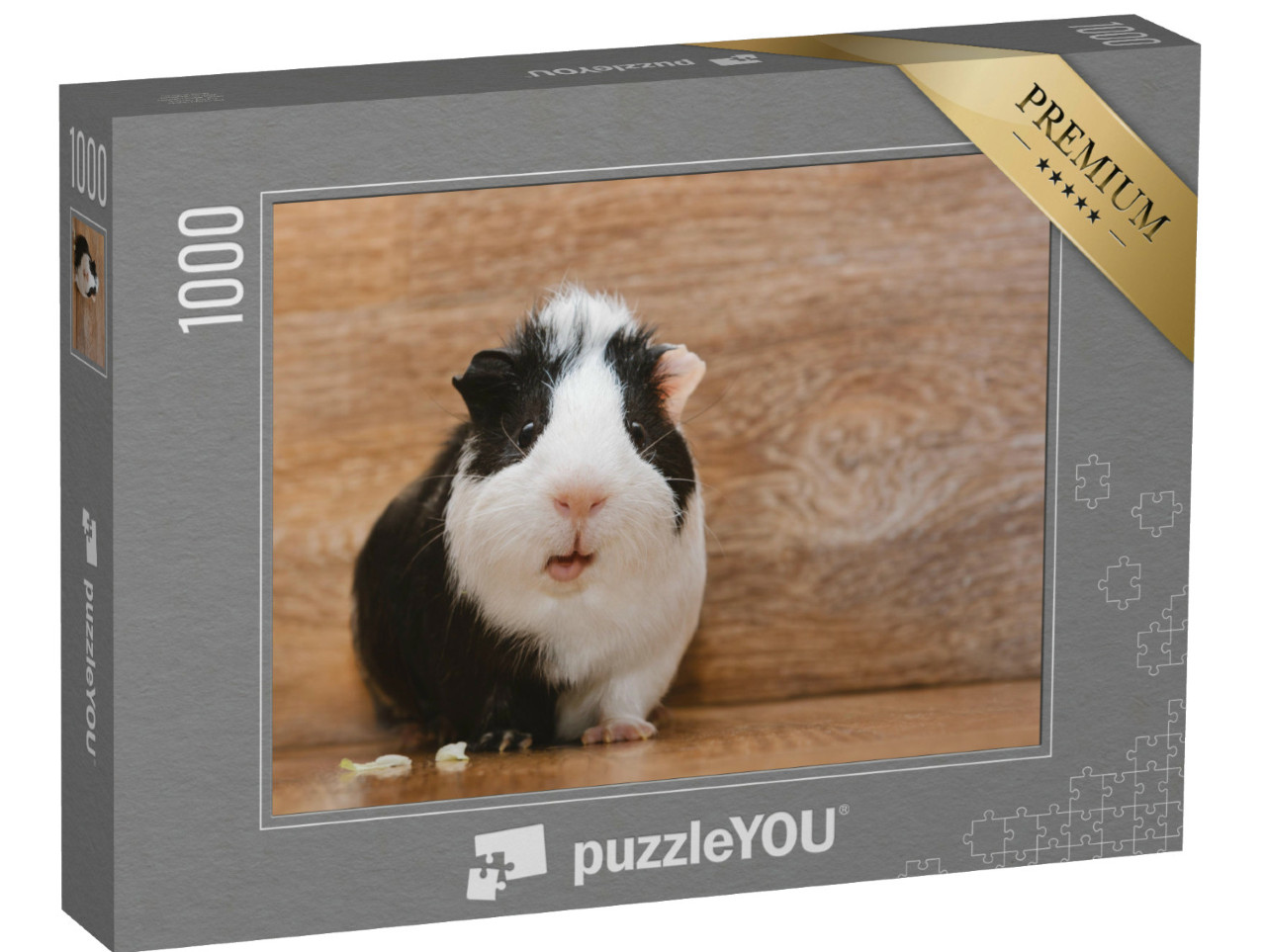 Puzzle 1000 Teile „Niedliches schwarz-weißes Meerschweinchen beim Verzehren von Kohlblättern“