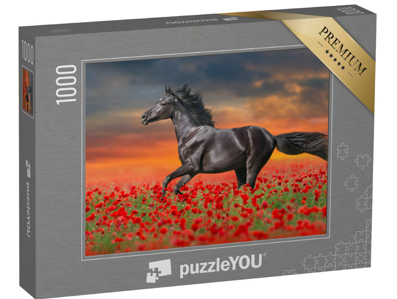 Puzzle 1000 Teile „Schwarzes Pferd in roten Mohnblumen“