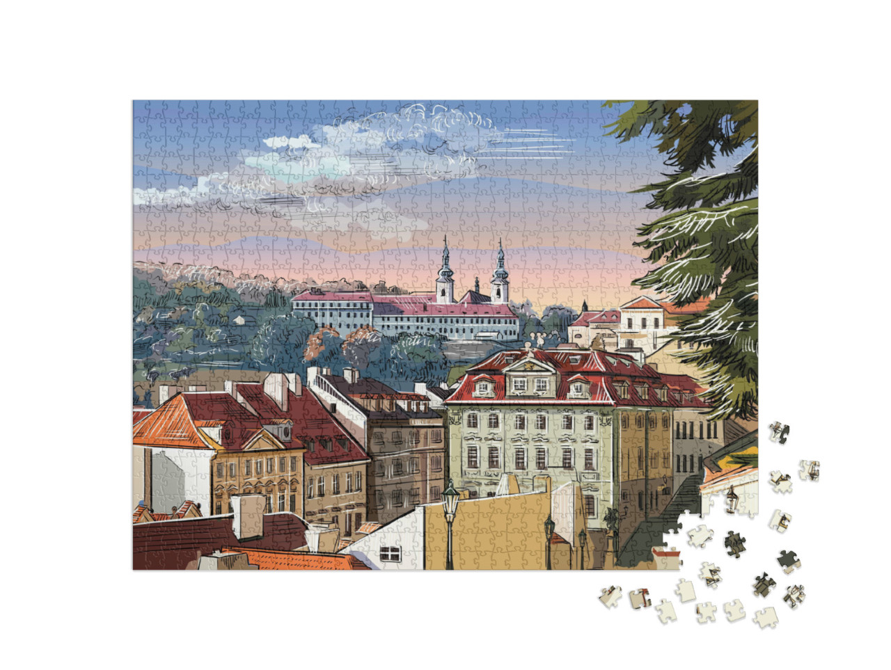 Puzzle 1000 Teile „Panorama-Stadtbild von Prag mit Vektor-Handzeichnung, Tschechische Republik“