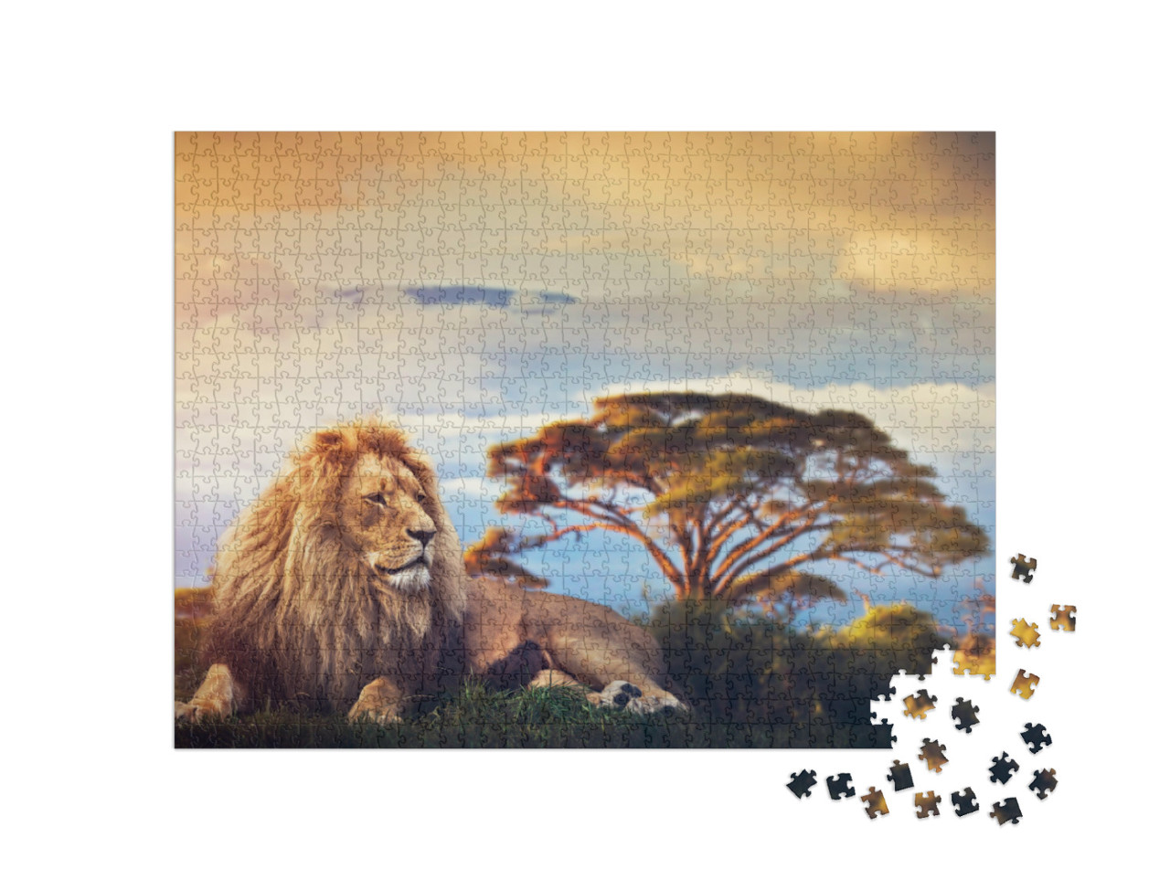 Puzzle 1000 Teile „Ein Löwe liegt inmitten der Savanne vor dem Kilimandscharo“