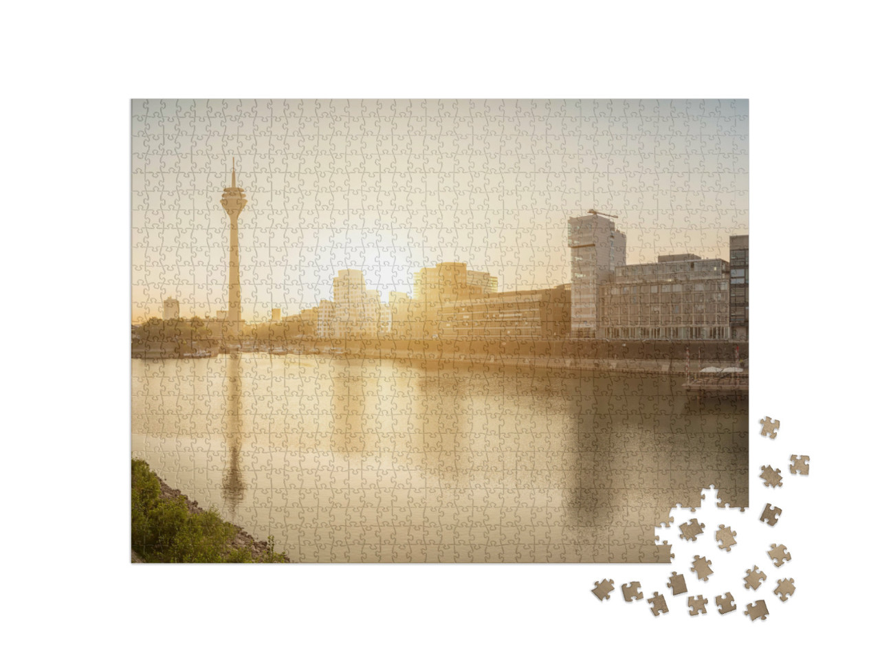 Puzzle 1000 Teile „Sonnenaufgang über Düsseldorf, Hauptstadt von Nordrhein-Westfalen“